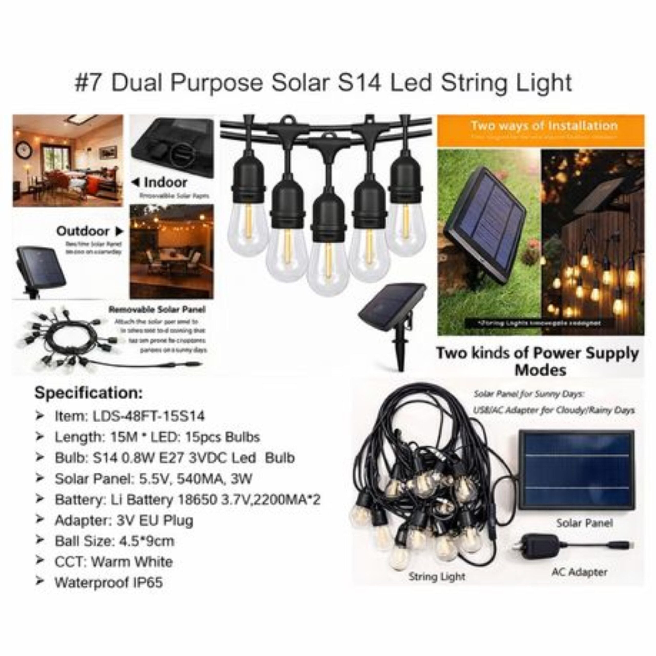 Solar Powered Outdoor LED String Lights – 15M - Image 2